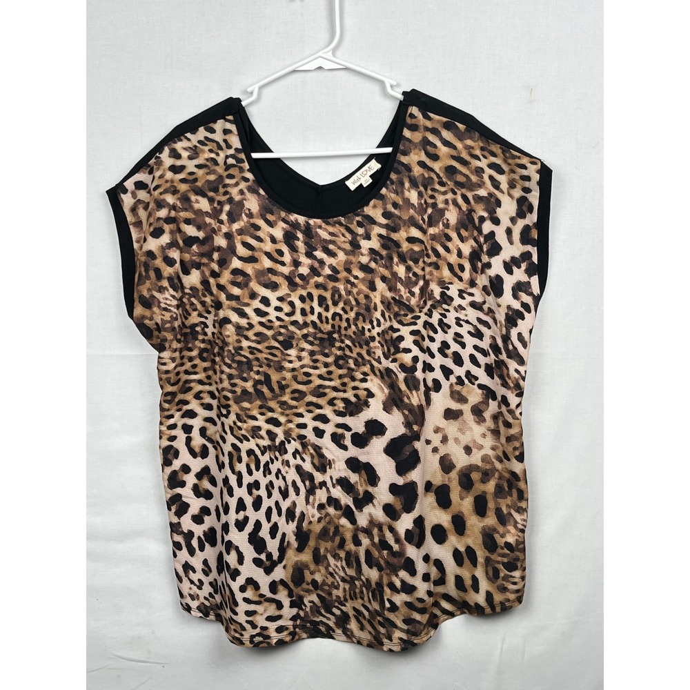 With Love Leopard Print Top Womens XL Mixed Media Short Sleeve Brown Black 52585